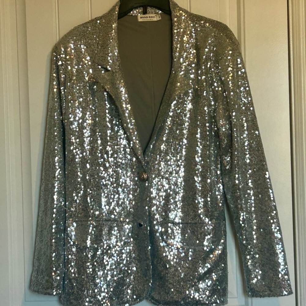 Anna-Kaci Silver Sequin Two Button Blazer - image 1